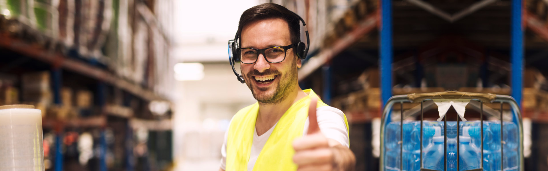 Warehouse man worker in forklift holding thumbs up